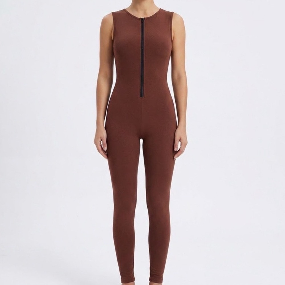 Naked Wardrobe Baby Mama Brown Sleeveless Zip Front‎ Jumpsuit